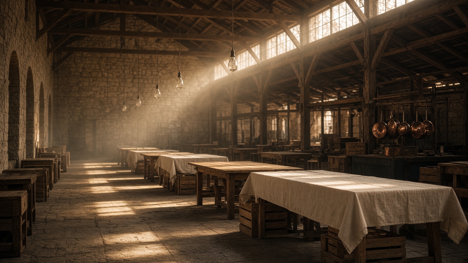 An empty market hall in morning light